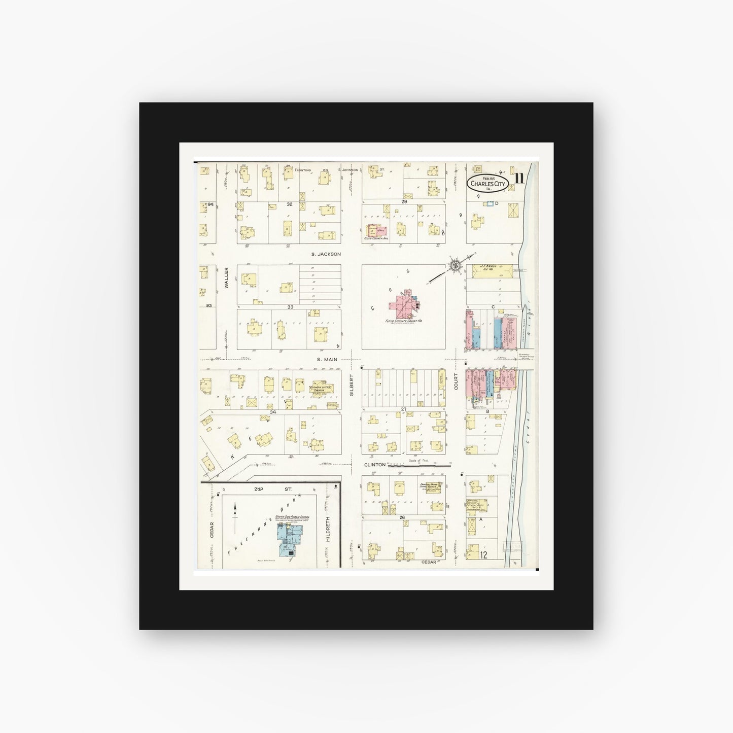 Old map wall art mockup — black gallery frame with white mat — Sanborn Fire Insurance Map from Charles City, Floyd County, Iowa (1915), Sheet #0011