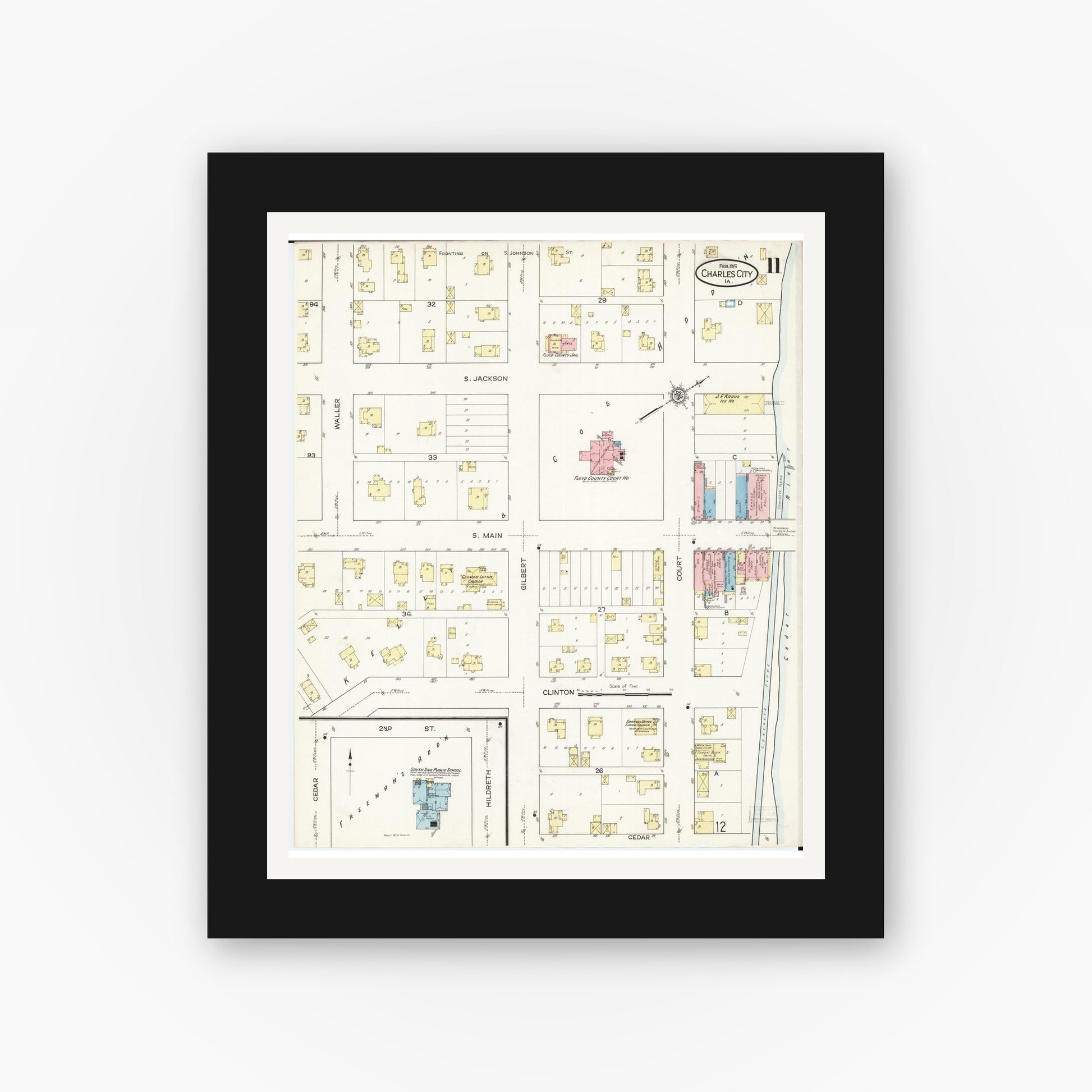 Old map wall art mockup — black gallery frame with white mat — Sanborn Fire Insurance Map from Charles City, Floyd County, Iowa (1915), Sheet #0011