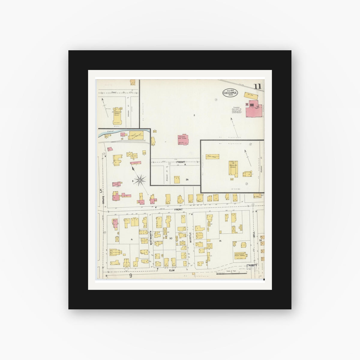 Old map wall art mockup — black gallery frame with white mat — Sanborn Fire Insurance Map from Chicopee, Hampden County, Massachusetts (1902), Sheet #0011