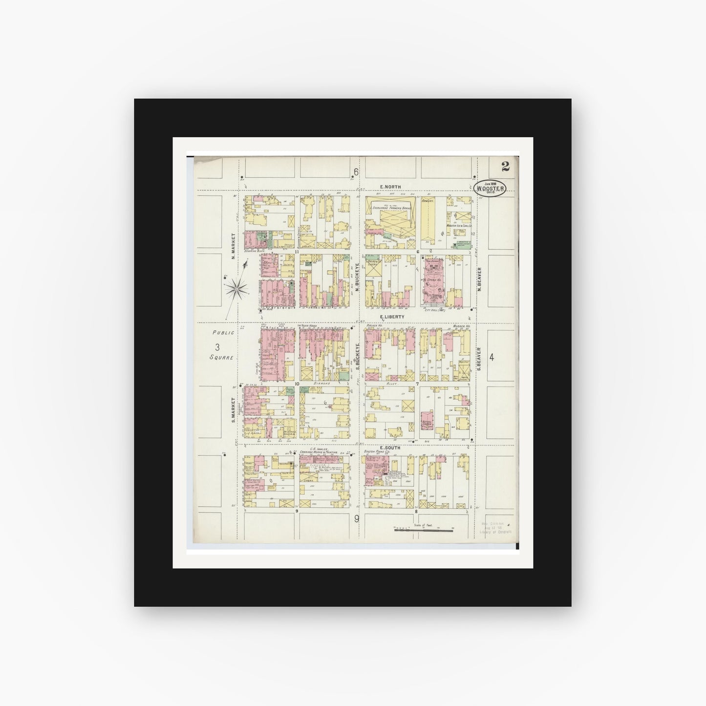 Old map wall art mockup — black gallery frame with white mat — Sanborn Fire Insurance Map from Wooster, Wayne County, Ohio (1898), Sheet #0002