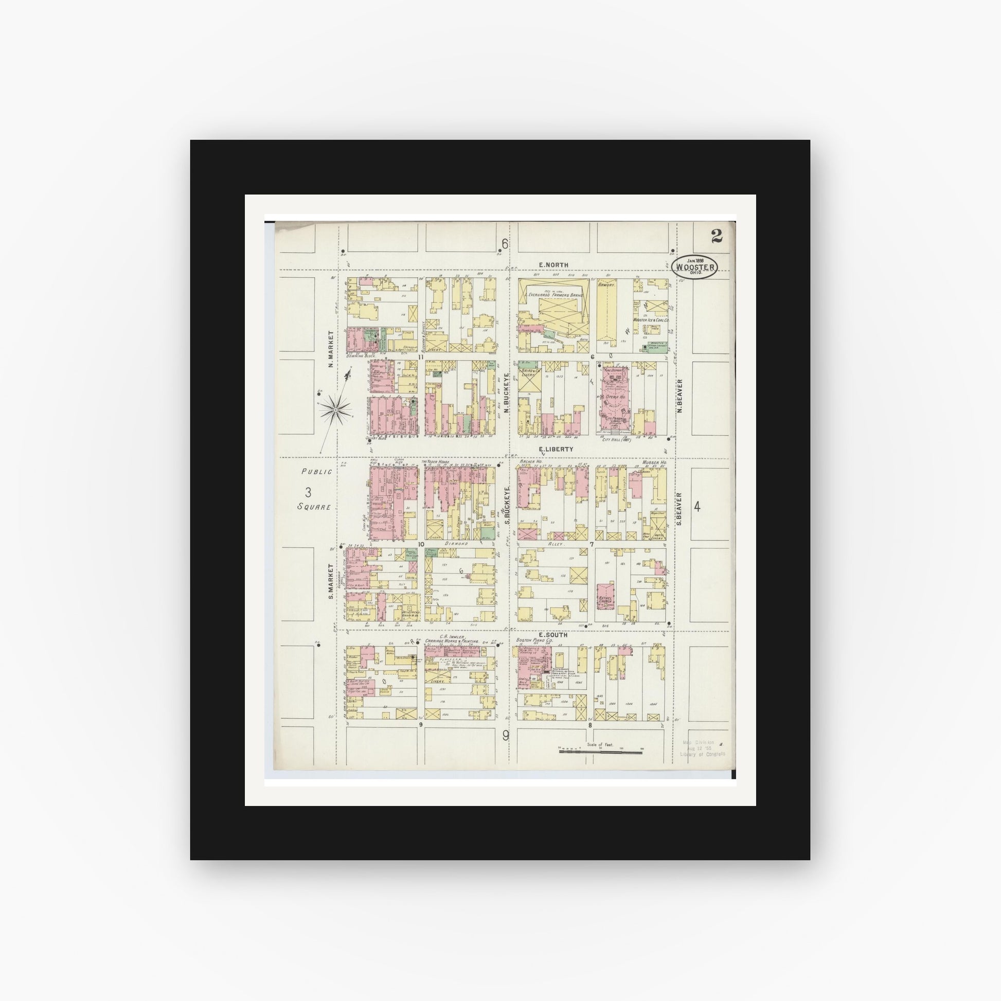Old map wall art mockup — black gallery frame with white mat — Sanborn Fire Insurance Map from Wooster, Wayne County, Ohio (1898), Sheet #0002
