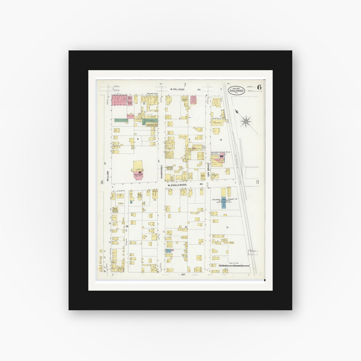 Old map wall art mockup — black gallery frame with white mat — Sanborn Fire Insurance Map from Englewood, Bergen County, New Jersey (1908), Sheet #0006