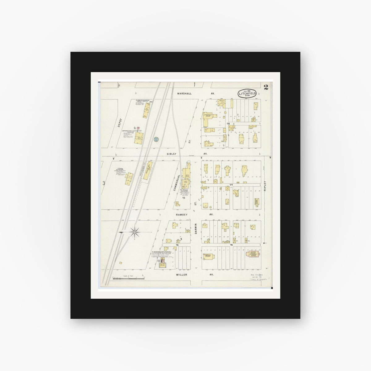 Old map wall art mockup — black gallery frame with white mat — Sanborn Fire Insurance Map from Litchfield, Meeker County, Minnesota (1896), Sheet #0002
