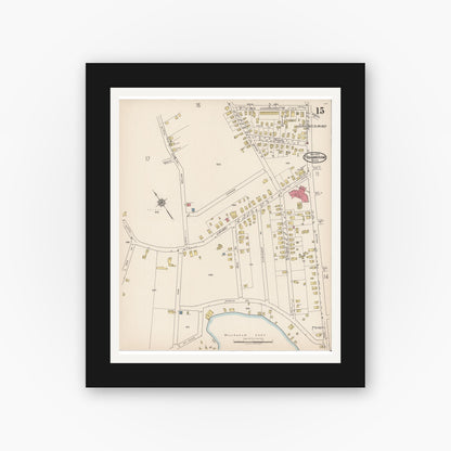 Old map wall art mockup — black gallery frame with white mat — Sanborn Fire Insurance Map from Framingham, Middlesex County, Massachusetts (1922), Sheet #0015