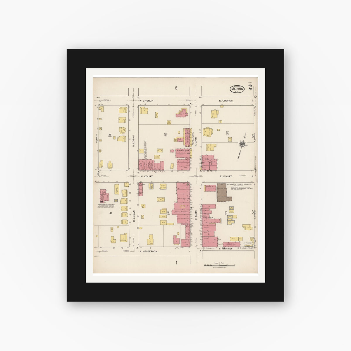 Old map wall art mockup — black gallery frame with white mat — Sanborn Fire Insurance Map from Marion, Mcdowell County, North Carolina (1922), Sheet #0002