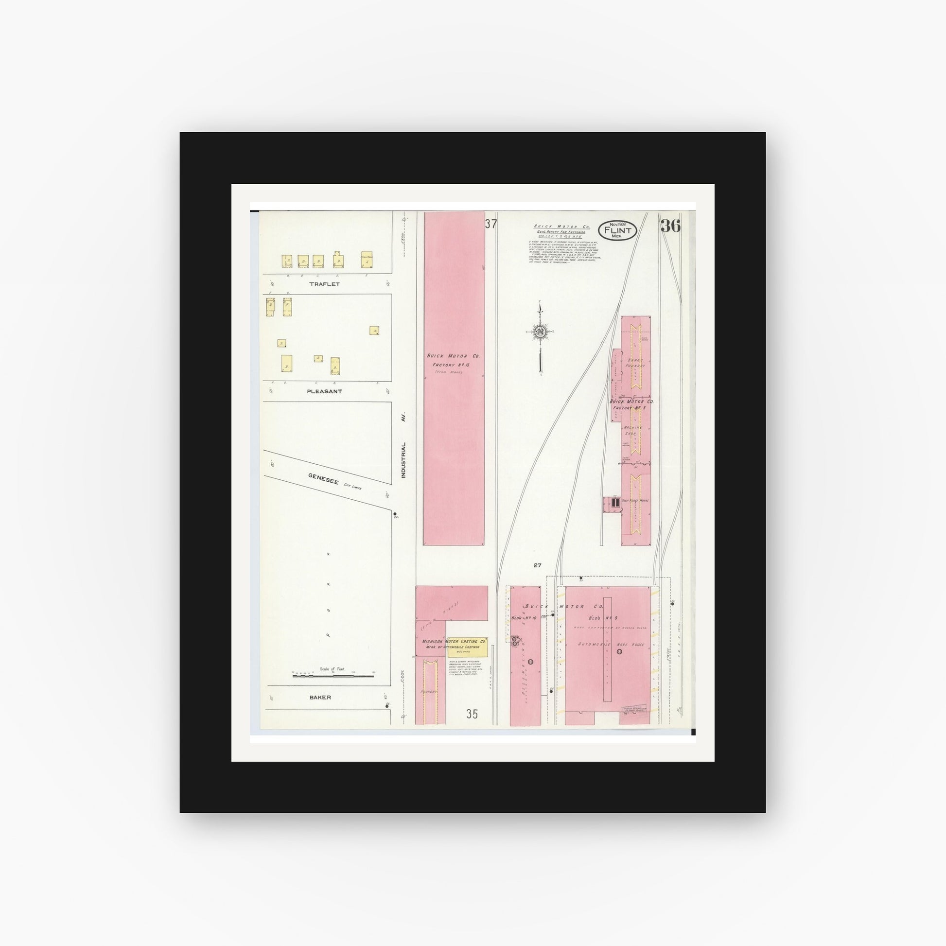 Old map wall art mockup — black gallery frame with white mat — Sanborn Fire Insurance Map from Flint, Genesee County, Michigan (1909), Sheet #0036
