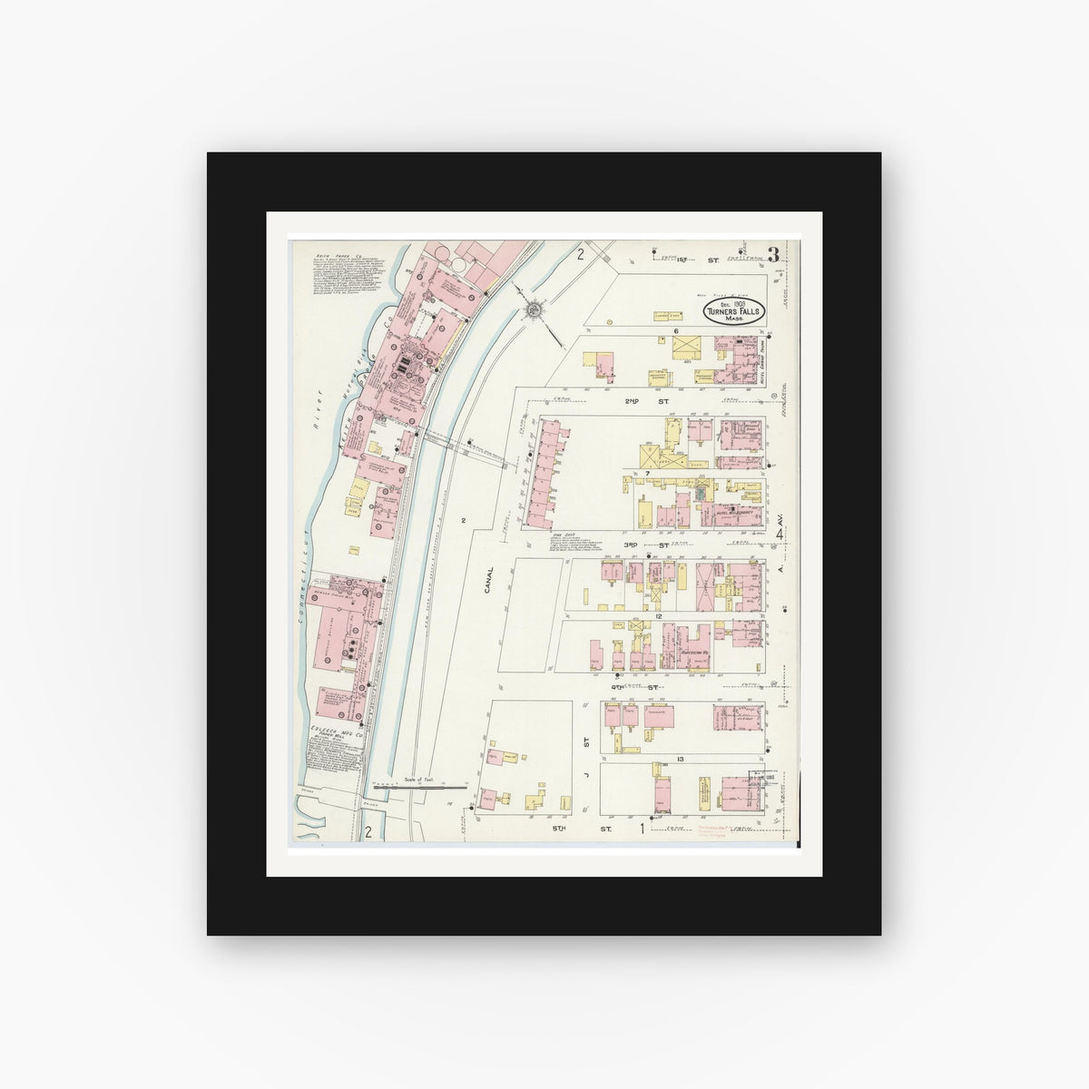Old map wall art mockup — black gallery frame with white mat — Sanborn Fire Insurance Map from Turners Falls, Franklin County, Massachusetts (1909), Sheet #0003