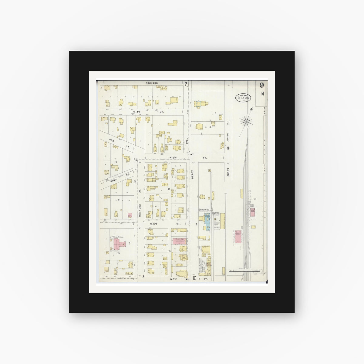 Old map wall art mockup — black gallery frame with white mat — Sanborn Fire Insurance Map from Dixon, Lee County, Illinois (1897), Sheet #0009