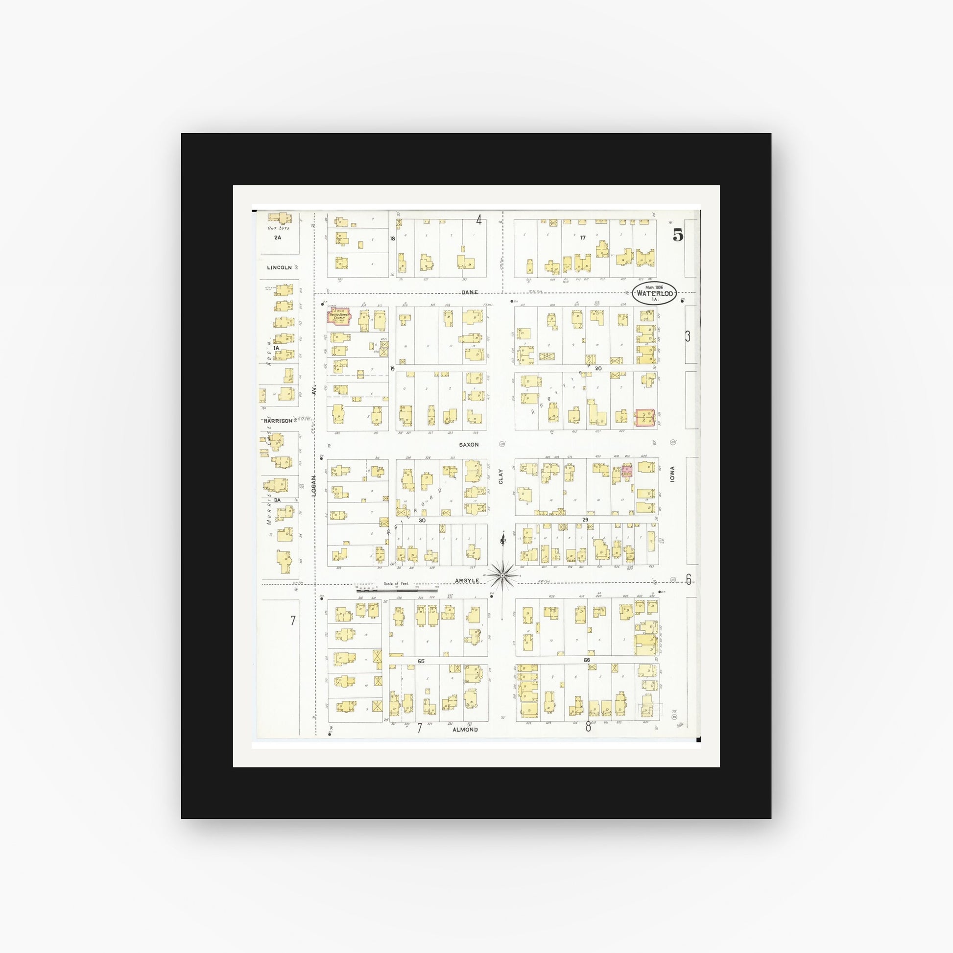 Old map wall art mockup — black gallery frame with white mat — Sanborn Fire Insurance Map from Waterloo, Black Hawk County, Iowa (1906), Sheet #0005