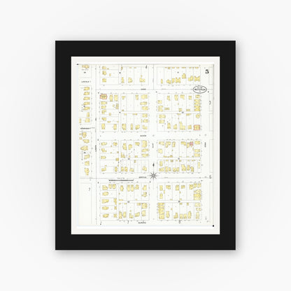 Old map wall art mockup — black gallery frame with white mat — Sanborn Fire Insurance Map from Waterloo, Black Hawk County, Iowa (1906), Sheet #0005