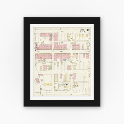 Old map wall art mockup — black gallery frame with white mat — Sanborn Fire Insurance Map from Teague, Freestone County, Texas (1914), Sheet #0003