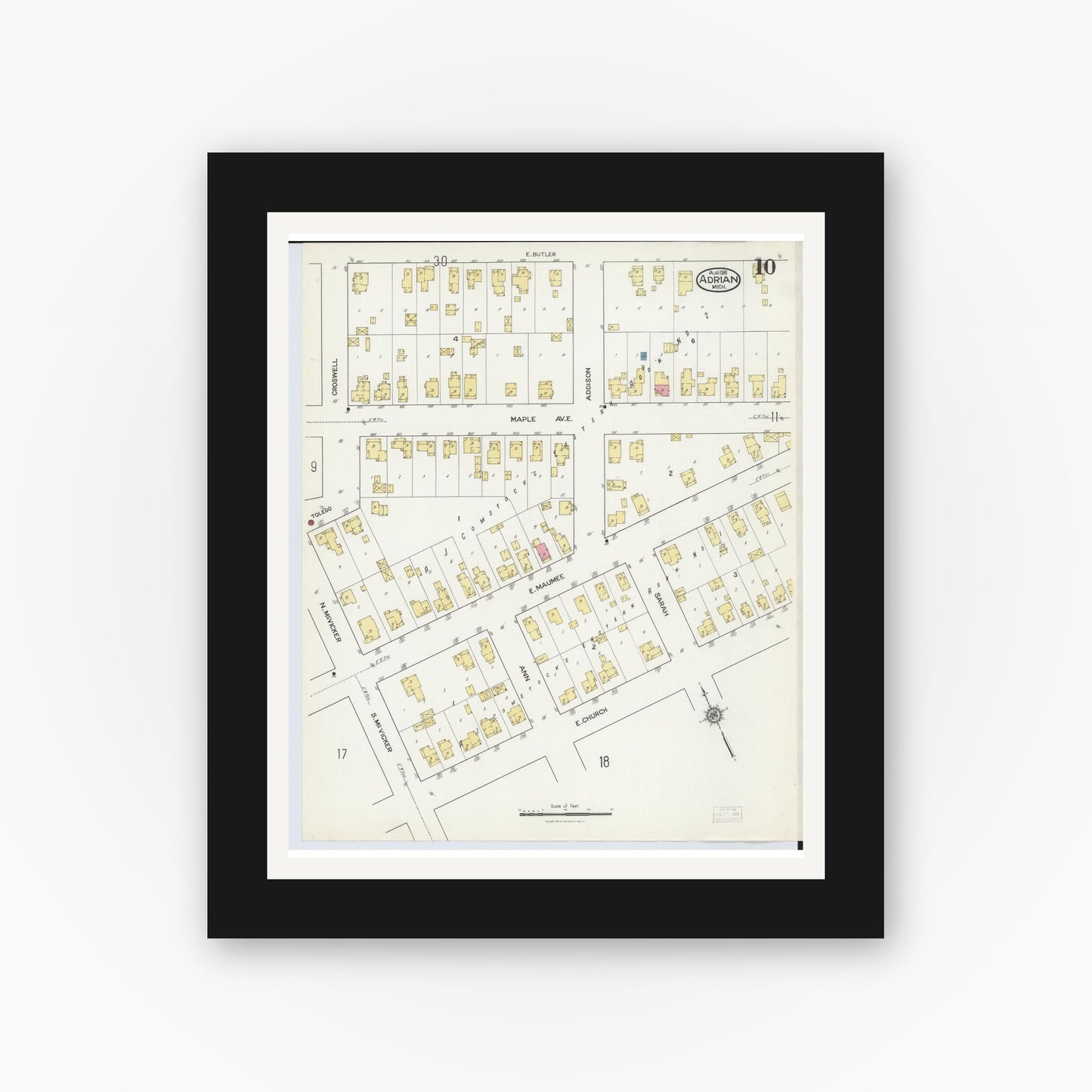 Old map wall art mockup — black gallery frame with white mat — Sanborn Fire Insurance Map from Adrian, Lenawee County, Michigan (1916), Sheet #0010
