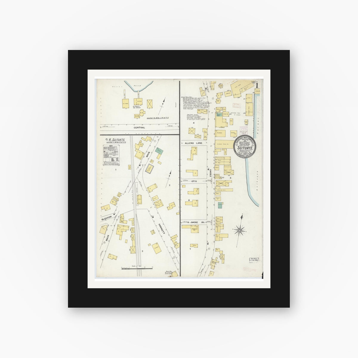 Old map wall art mockup — black gallery frame with white mat — Sanborn Fire Insurance Map from Scituate, Plymouth County, Massachusetts (1908) - Complete Map Set