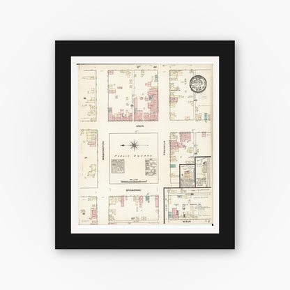 Old map wall art mockup — black gallery frame with white mat — Sanborn Fire Insurance Map from Pella, Marion County, Iowa (1883), Sheet #0001