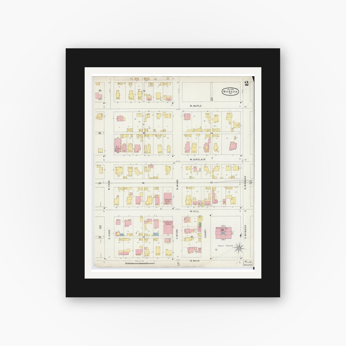 Old map wall art mockup — black gallery frame with white mat — Sanborn Fire Insurance Map from Wabash, Wabash County, Indiana (1896), Sheet #0002