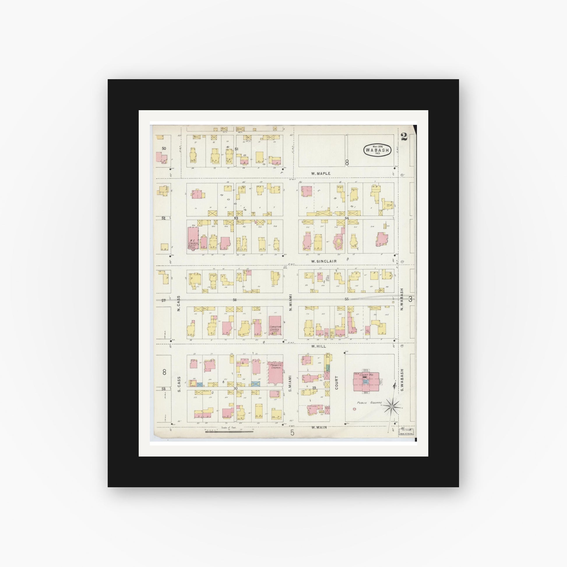 Old map wall art mockup — black gallery frame with white mat — Sanborn Fire Insurance Map from Wabash, Wabash County, Indiana (1896), Sheet #0002