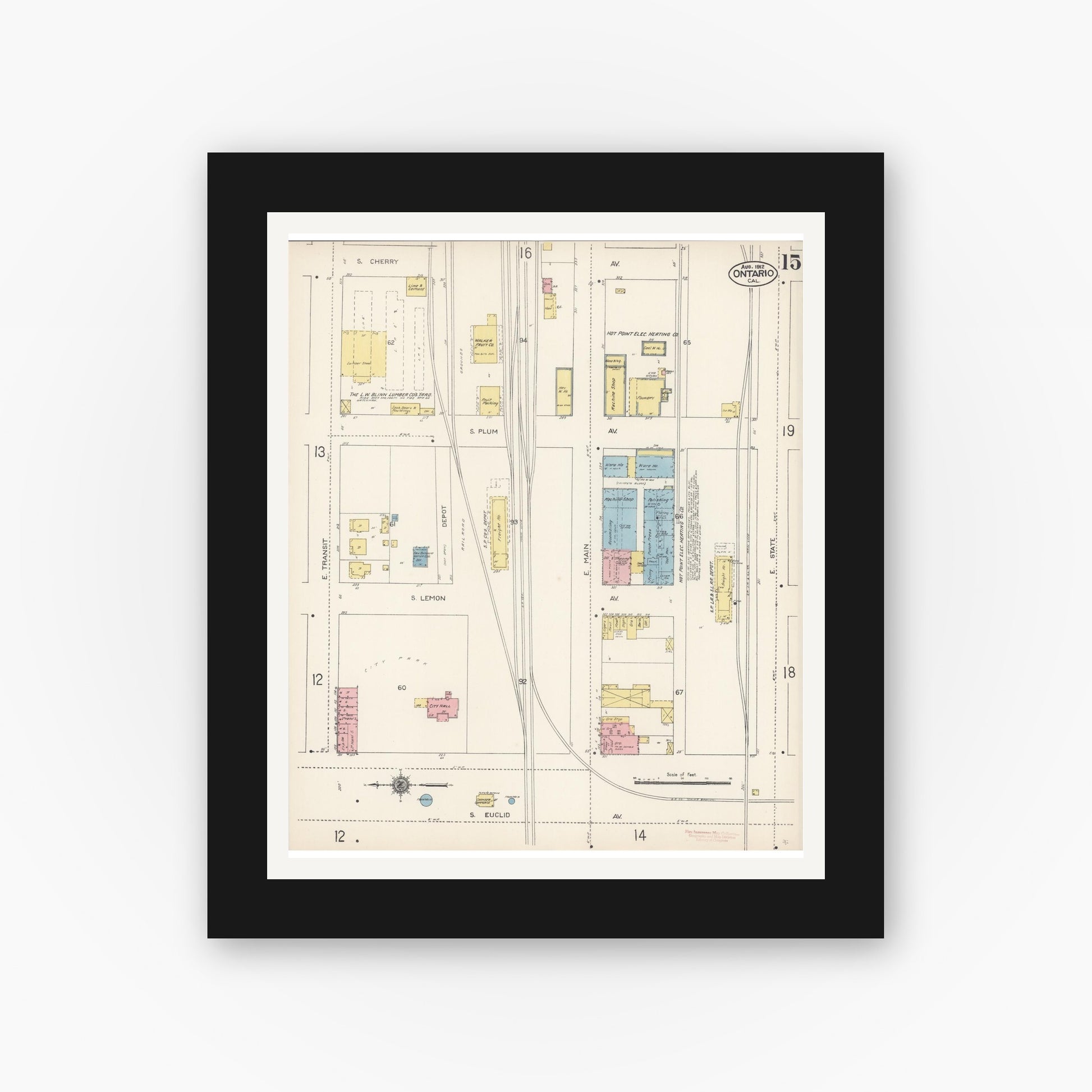 Old map wall art mockup — black gallery frame with white mat — Sanborn Fire Insurance Map from Ontario, San Bernardino County, California (1912), Sheet #0015