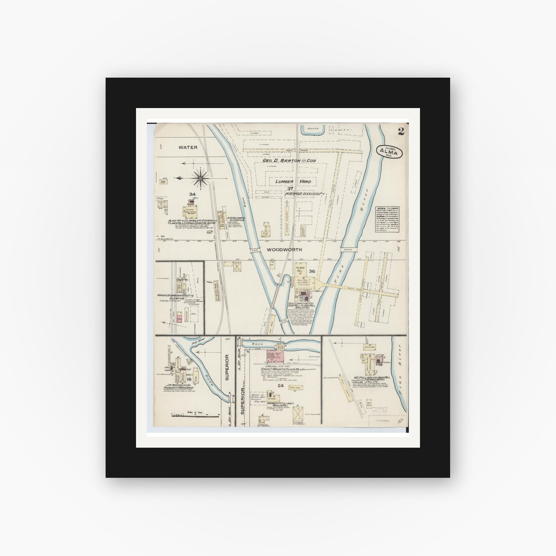 Old map wall art mockup — black gallery frame with white mat — Sanborn Fire Insurance Map from Alma, Gratiot County, Michigan (1884), Sheet #0002