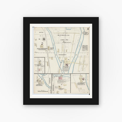 Old map wall art mockup — black gallery frame with white mat — Sanborn Fire Insurance Map from Alma, Gratiot County, Michigan (1884), Sheet #0002