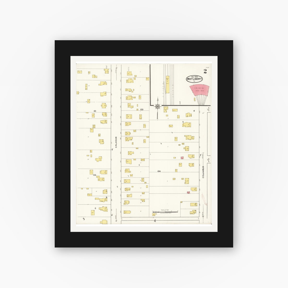 Old map wall art mockup — black gallery frame with white mat — Sanborn Fire Insurance Map from West Liberty, Muscatine County, Iowa (1922), Sheet #0002
