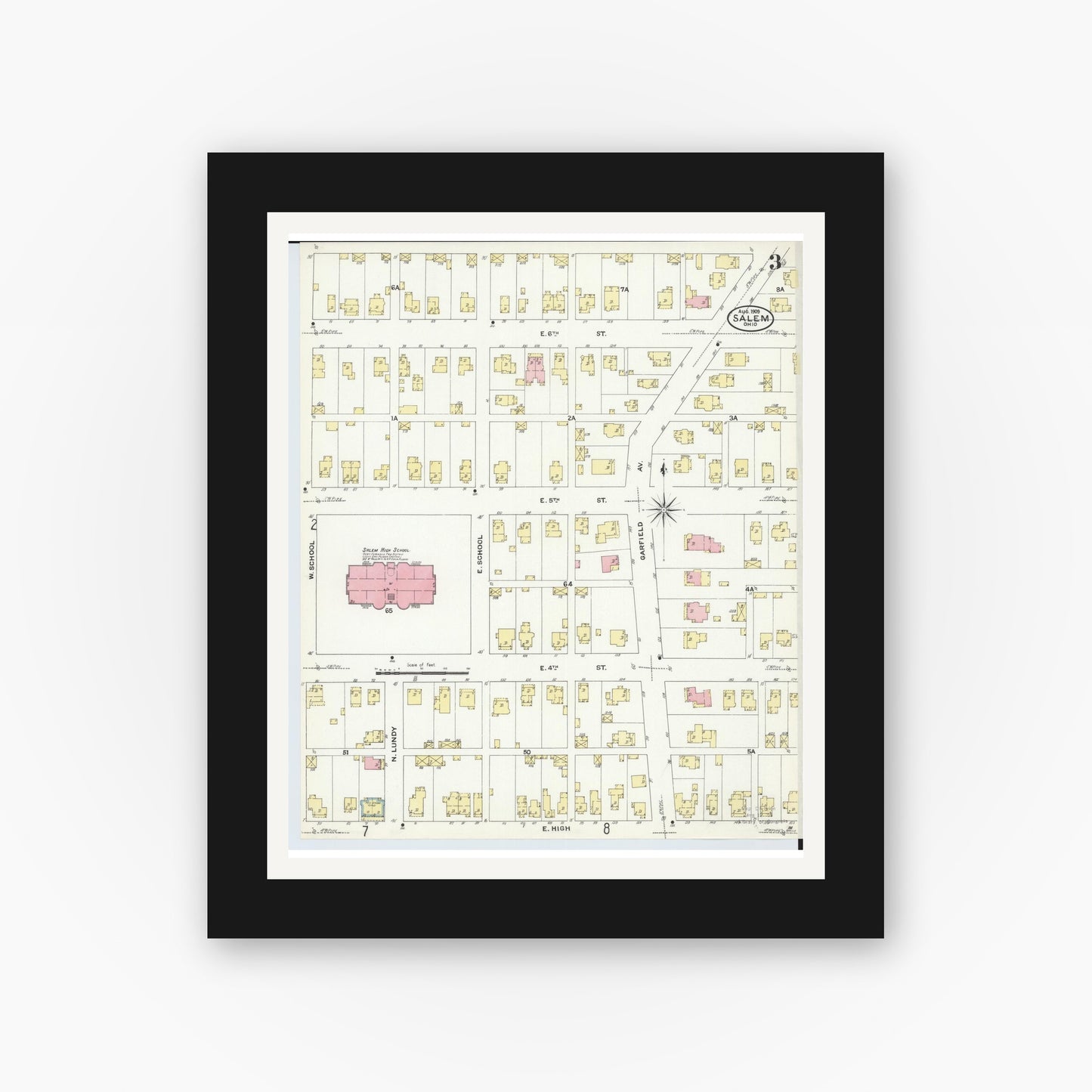 Old map wall art mockup — black gallery frame with white mat — Sanborn Fire Insurance Map from Salem, Columbiana County, Ohio (1909), Sheet #0003