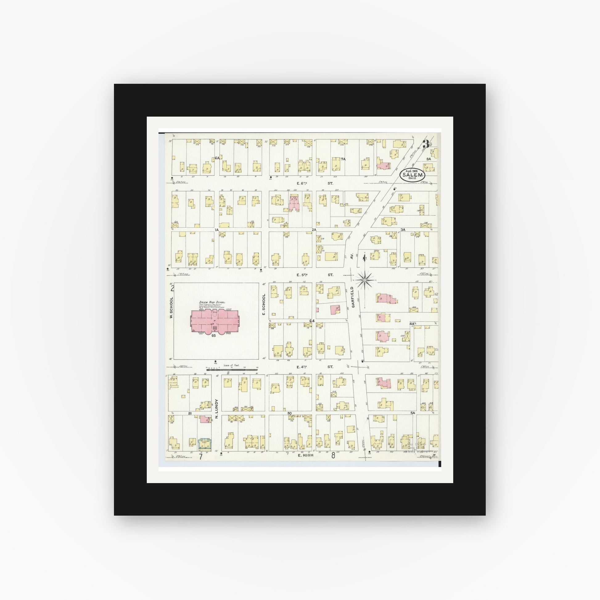 Old map wall art mockup — black gallery frame with white mat — Sanborn Fire Insurance Map from Salem, Columbiana County, Ohio (1909), Sheet #0003