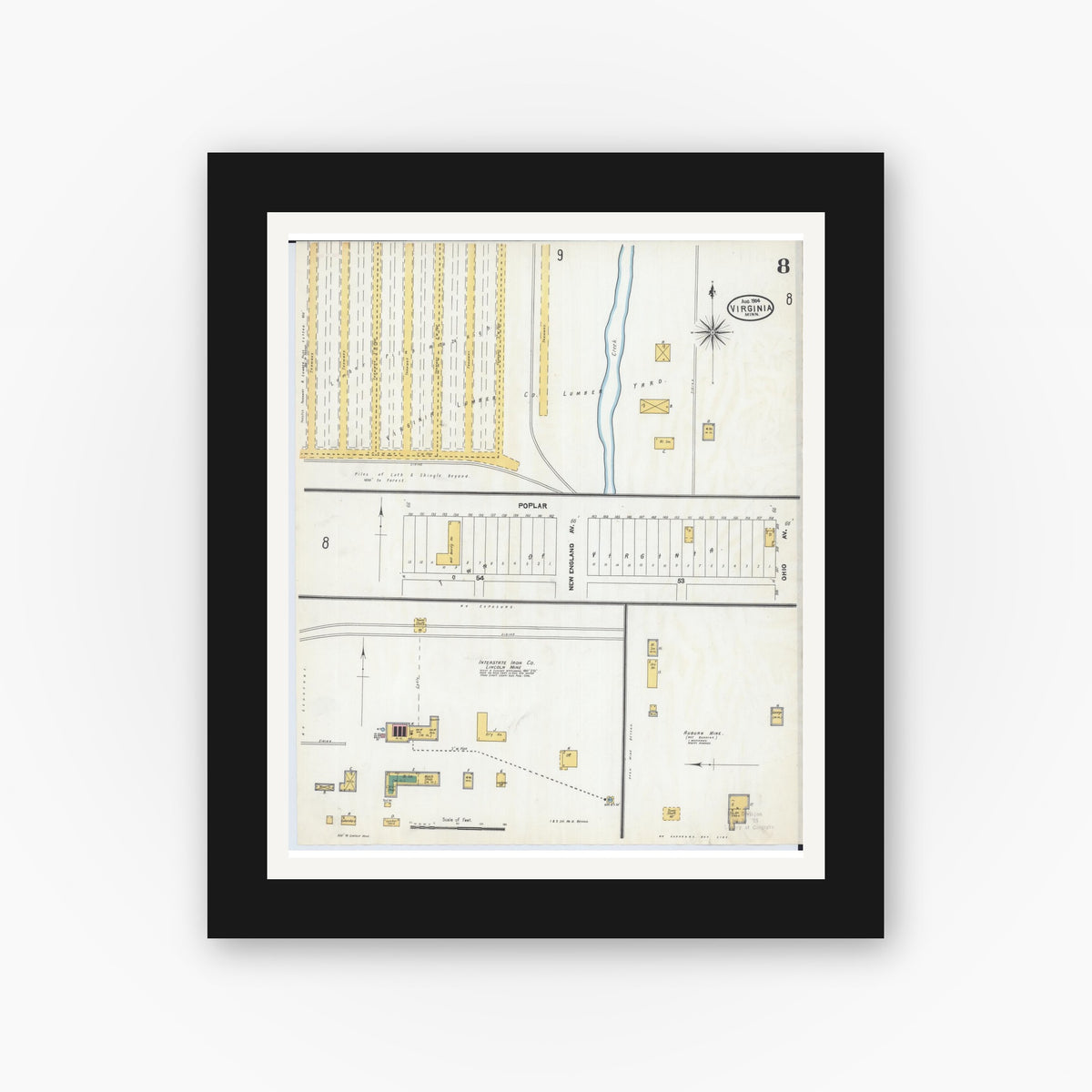 Old map wall art mockup — black gallery frame with white mat — Sanborn Fire Insurance Map from Virginia, Saint Louis County, Minnesota (1904), Sheet #0008