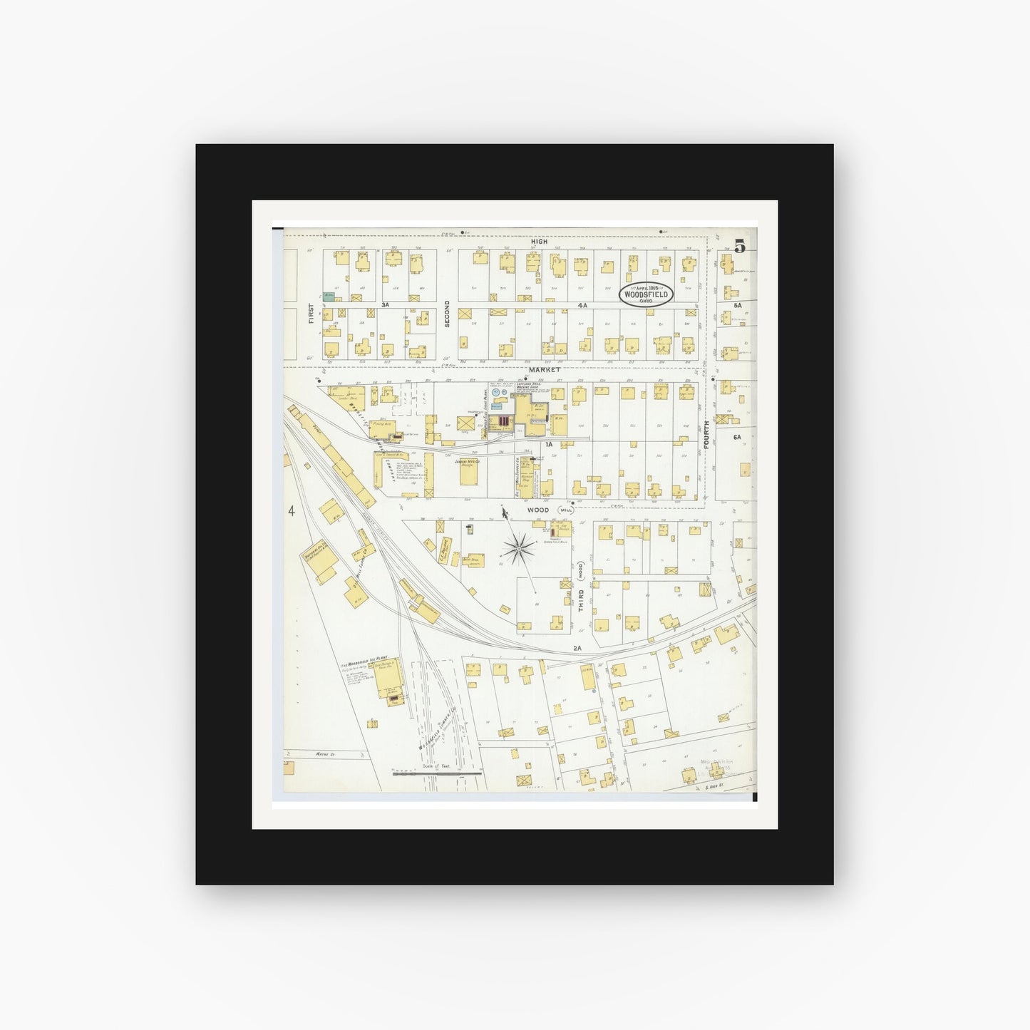 Old map wall art mockup — black gallery frame with white mat — Sanborn Fire Insurance Map from Woodsfield, Monroe County, Ohio (1905), Sheet #0005