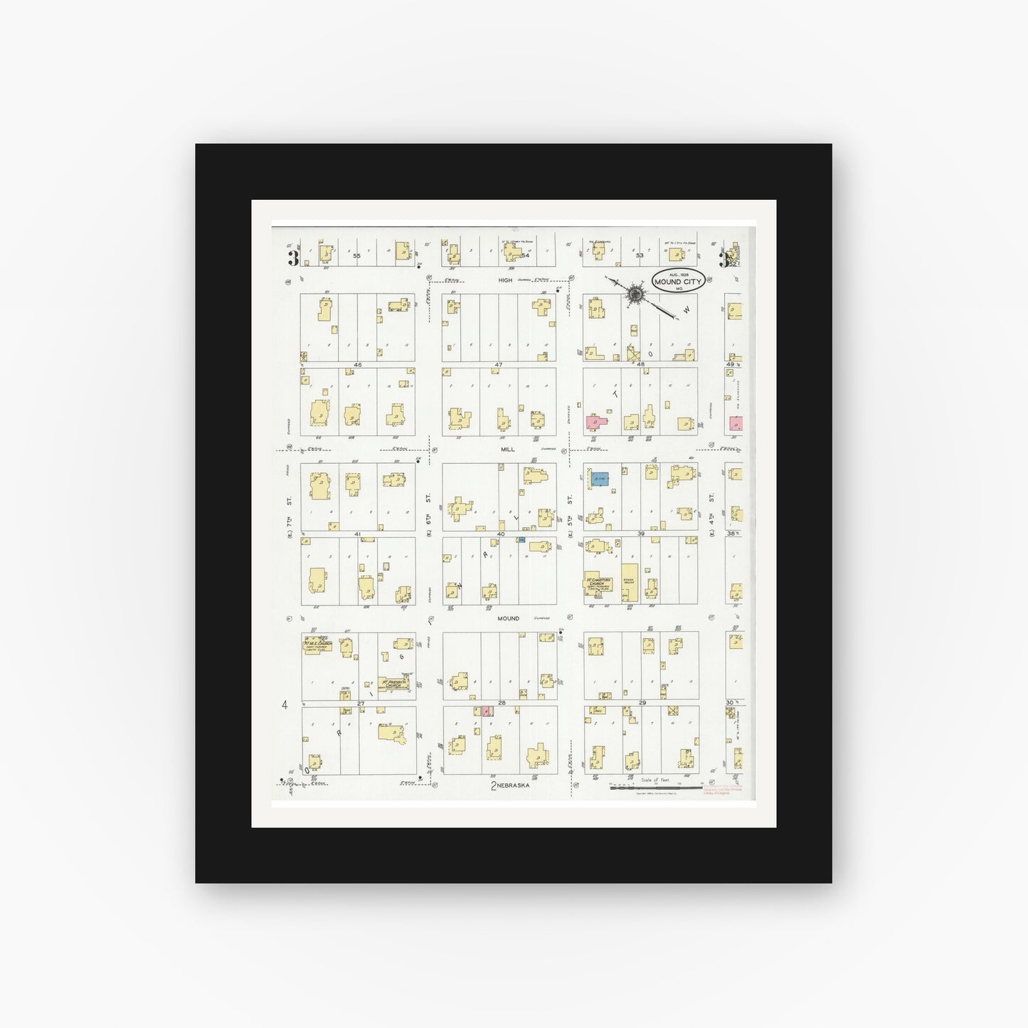Old map wall art mockup — black gallery frame with white mat — Sanborn Fire Insurance Map from Mound City, Holt County, Missouri (1928), Sheet #0003
