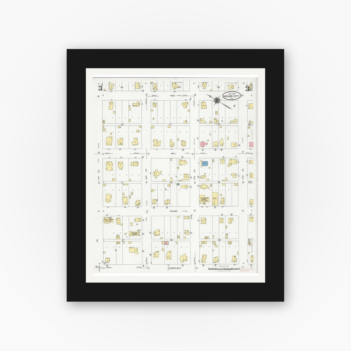 Old map wall art mockup — black gallery frame with white mat — Sanborn Fire Insurance Map from Mound City, Holt County, Missouri (1928), Sheet #0003