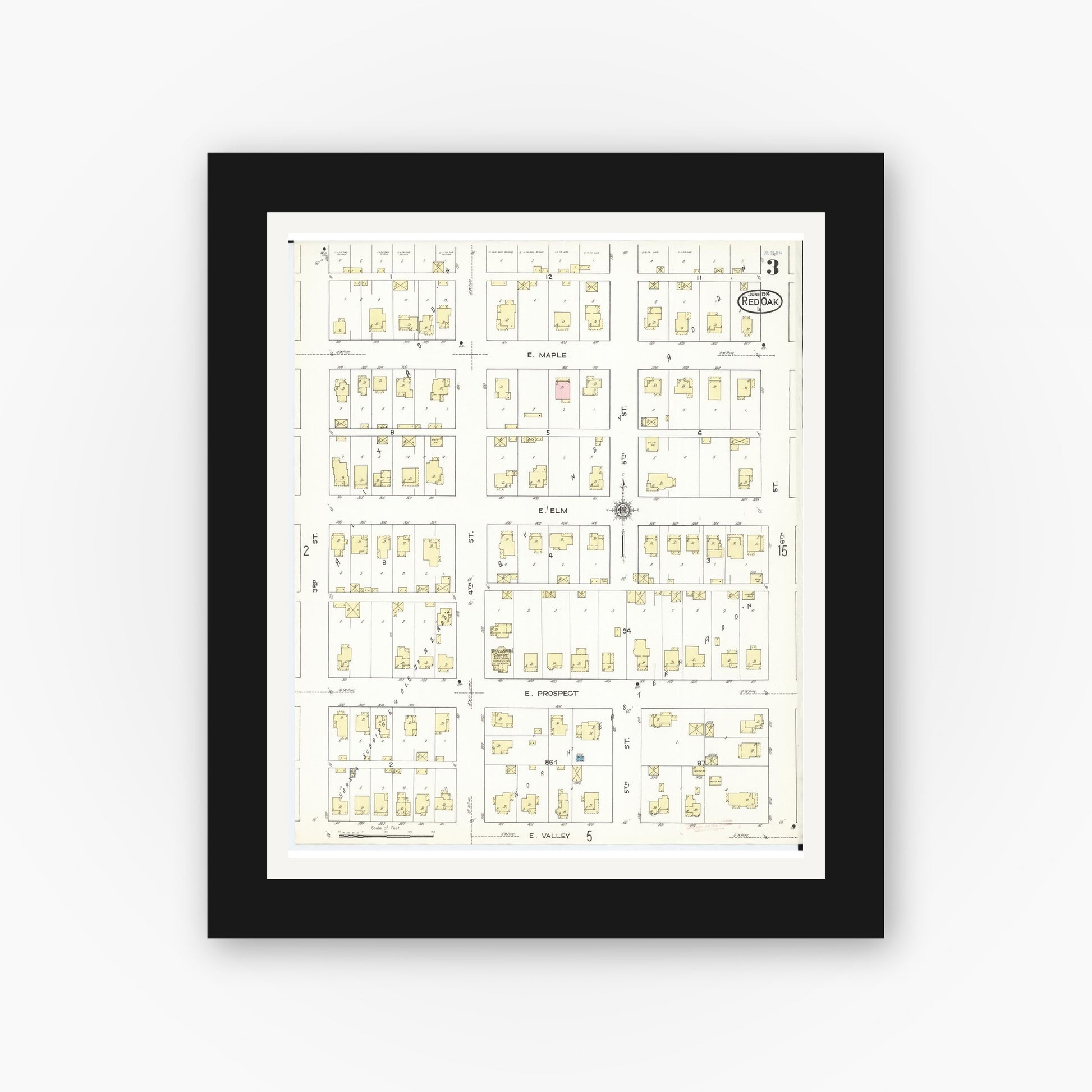 Old map wall art mockup — black gallery frame with white mat — Sanborn Fire Insurance Map from Red Oak, Montgomery County, Iowa (1914), Sheet #0003