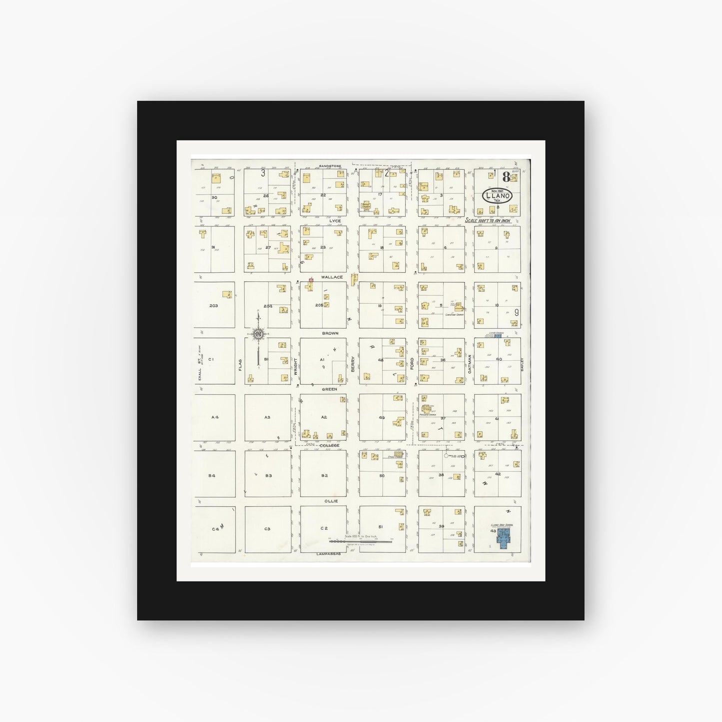 Old map wall art mockup — black gallery frame with white mat — Sanborn Fire Insurance Map from Llano, Llano County, Texas (1921), Sheet #0008