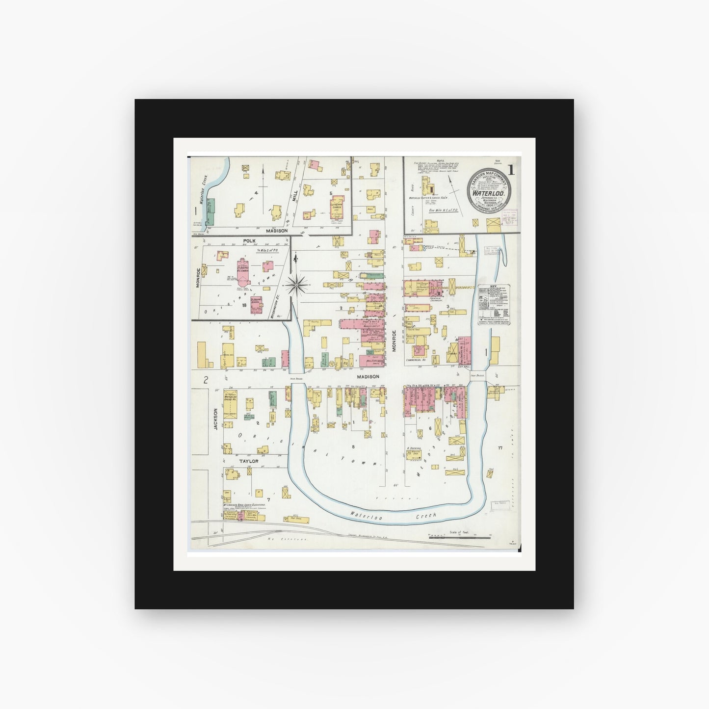 Old map wall art mockup — black gallery frame with white mat — Sanborn Fire Insurance Map from Waterloo, Jefferson County, Wisconsin (1904), Sheet #0001