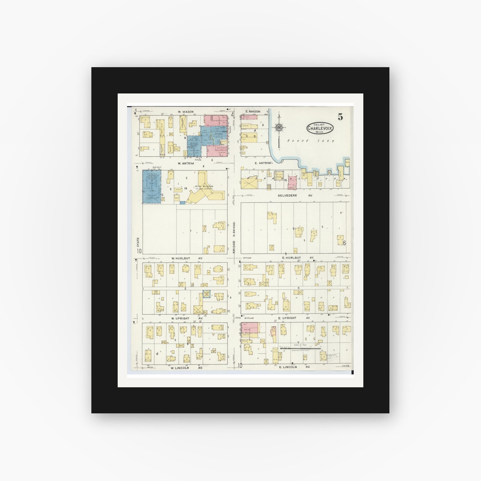 Old map wall art mockup — black gallery frame with white mat — Sanborn Fire Insurance Map from Charlevoix, Charlevoix County, Michigan (1917), Sheet #0005