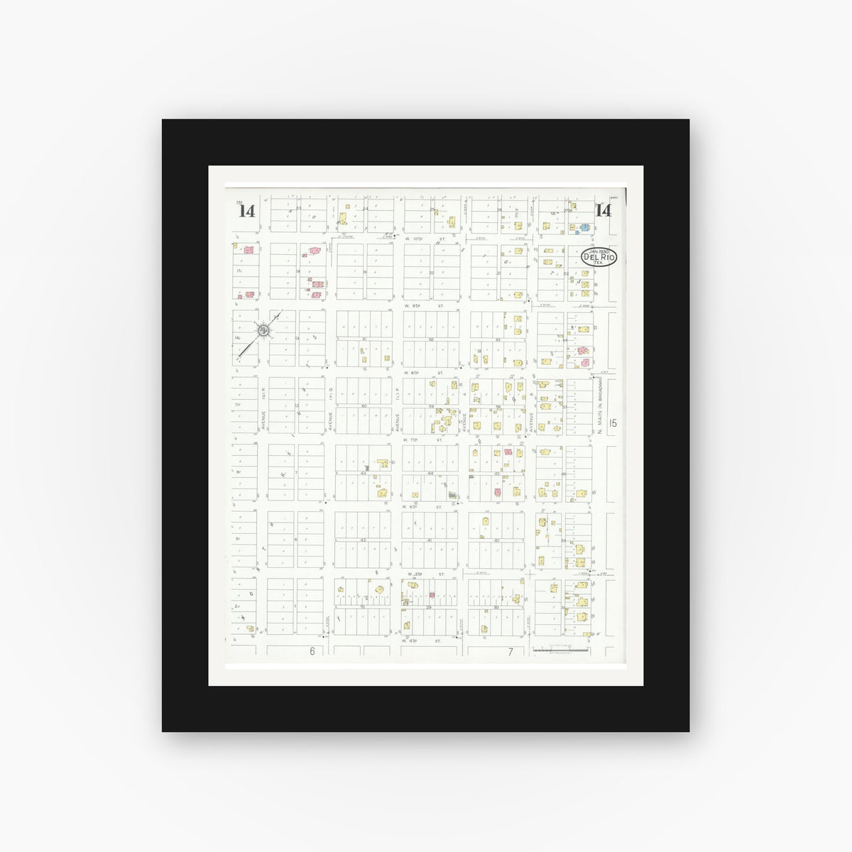 Old map wall art mockup — black gallery frame with white mat — Sanborn Fire Insurance Map from Del Rio, Val Verde County, Texas (1930), Sheet #0014
