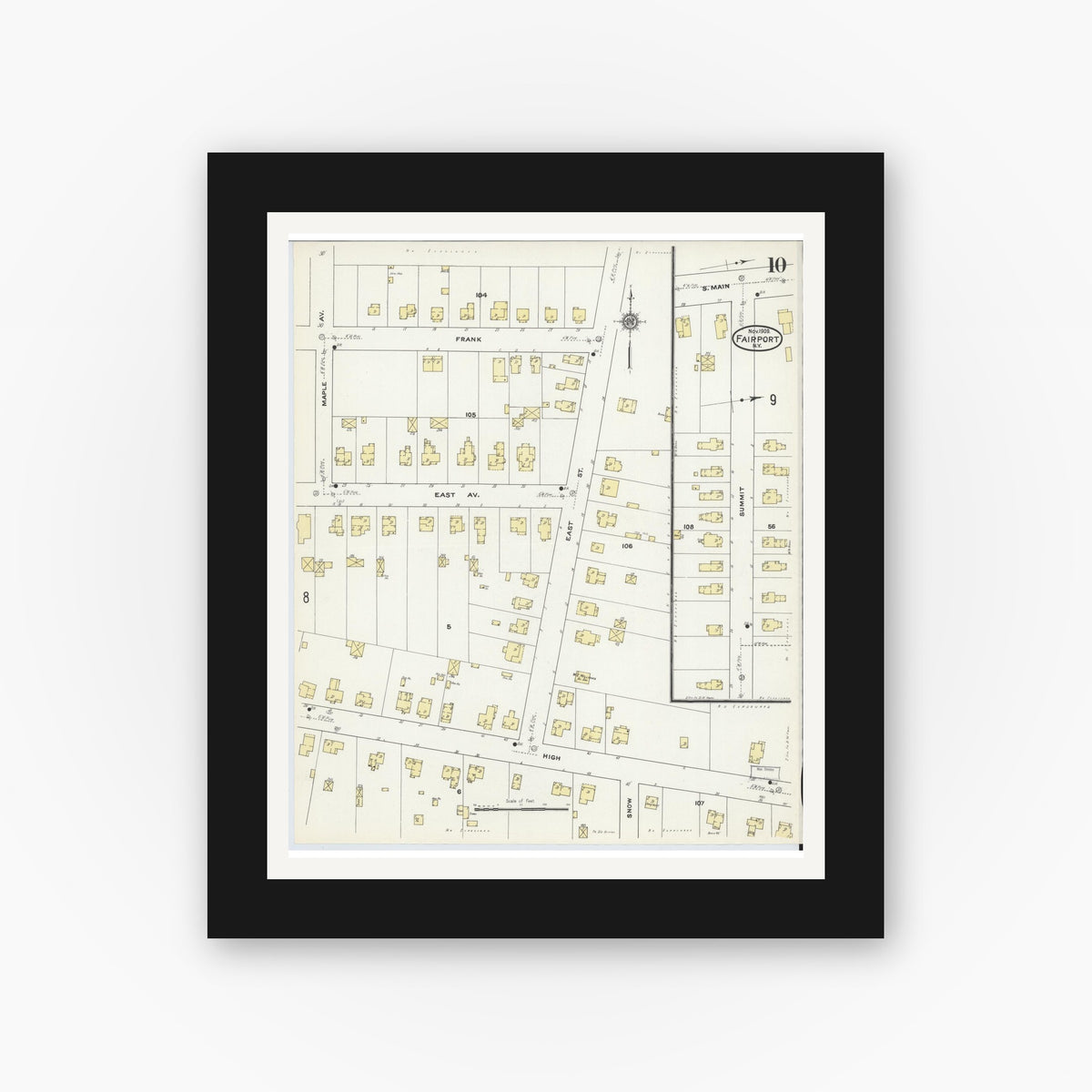 Old map wall art mockup — black gallery frame with white mat — Sanborn Fire Insurance Map from Fairport, Monroe County, New York (1909), Sheet #0010