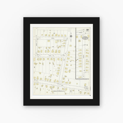 Old map wall art mockup — black gallery frame with white mat — Sanborn Fire Insurance Map from Fairport, Monroe County, New York (1909), Sheet #0010