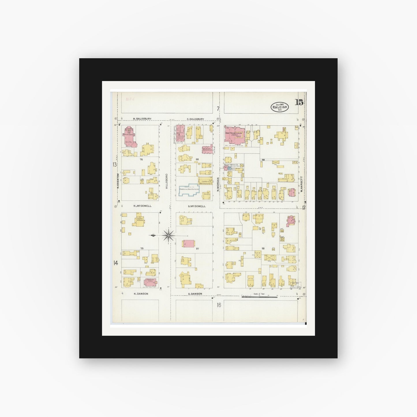 Old map wall art mockup — black gallery frame with white mat — Sanborn Fire Insurance Map from Raleigh, Wake County, North Carolina (1903), Sheet #0015