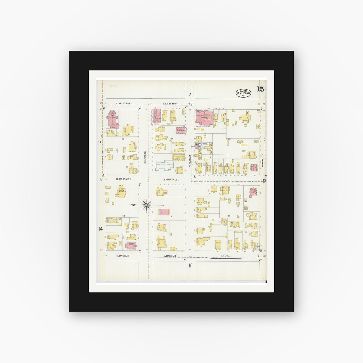 Old map wall art mockup — black gallery frame with white mat — Sanborn Fire Insurance Map from Raleigh, Wake County, North Carolina (1903), Sheet #0015