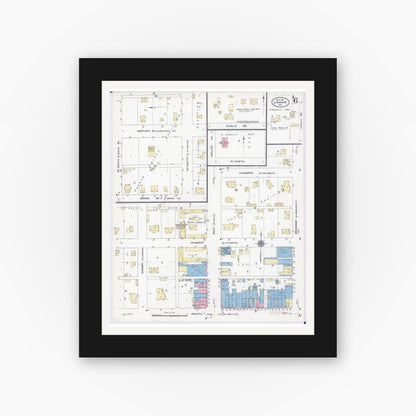 Old map wall art mockup — black gallery frame with white mat — Sanborn Fire Insurance Map from Lamar, Barton County, Missouri (1910), Sheet #0006