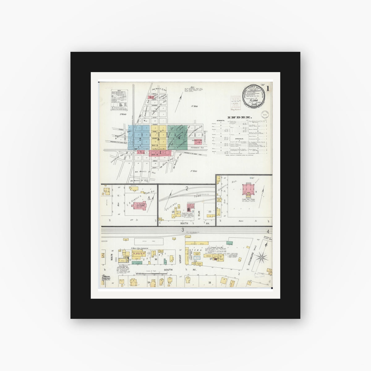 Old map wall art mockup — black gallery frame with white mat — Sanborn Fire Insurance Map from Flora, Clay County, Illinois (1899) - Complete Map Set