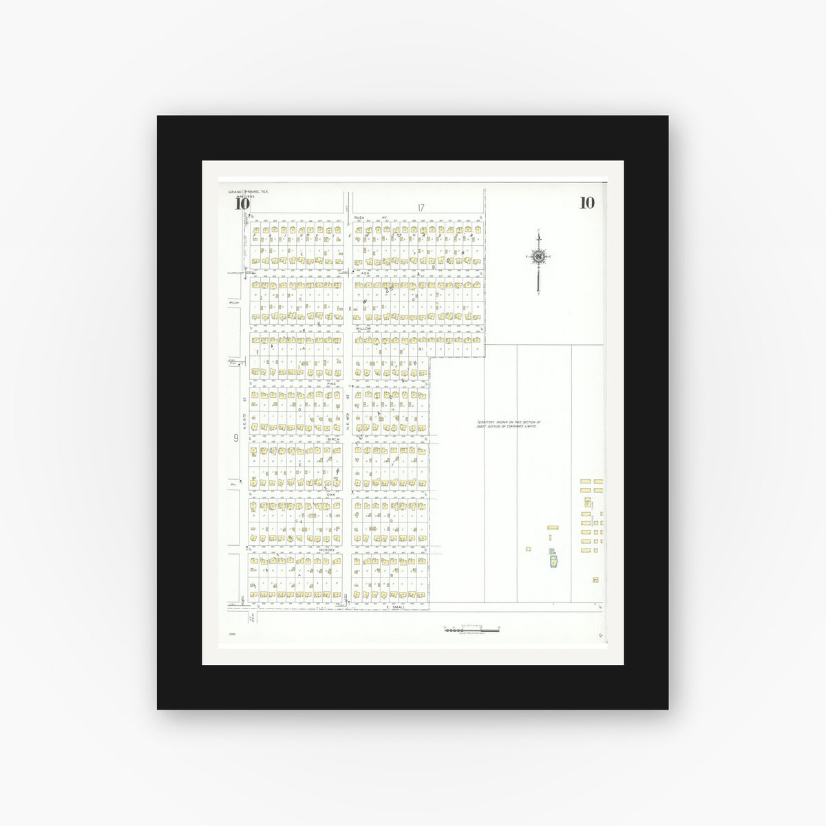 Old map wall art mockup — black gallery frame with white mat — Sanborn Fire Insurance Map from Grand Prairie, Dallas County, Texas (1943), Sheet #0010