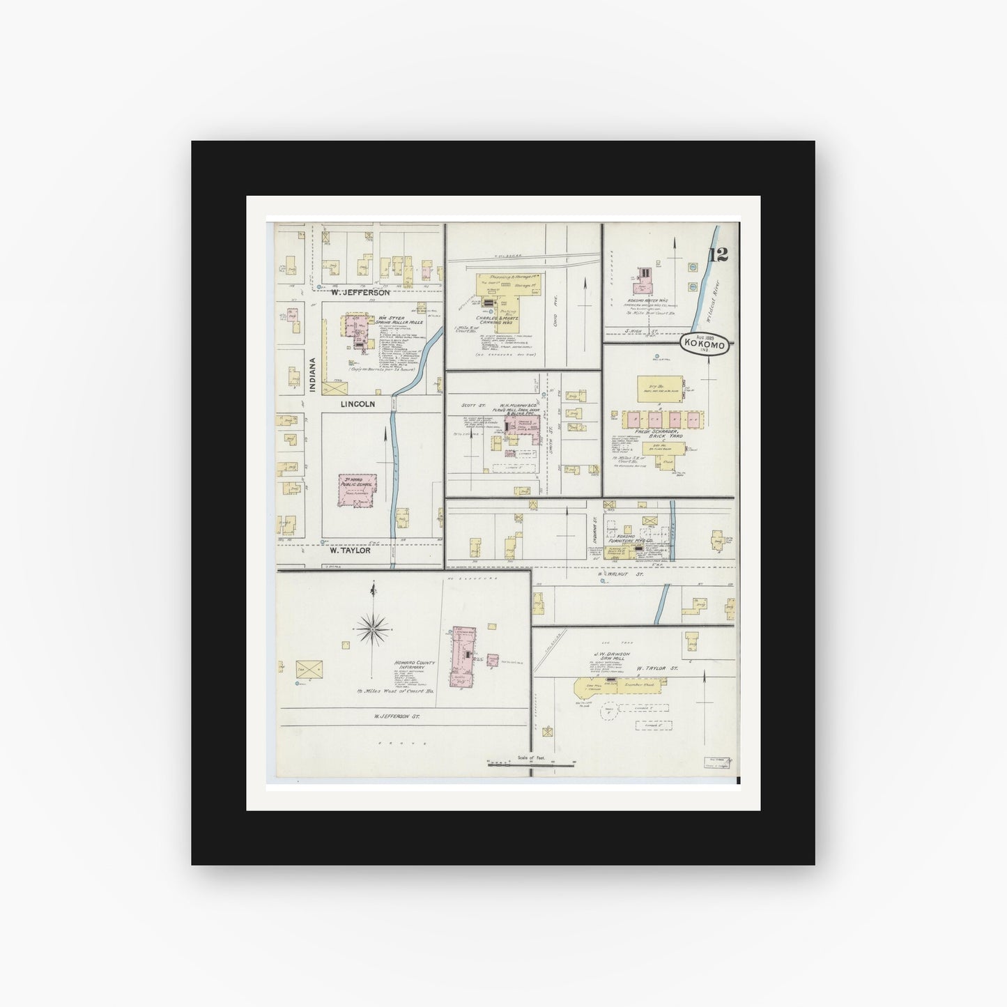 Old map wall art mockup — black gallery frame with white mat — Sanborn Fire Insurance Map from Kokomo, Howard County, Indiana (1889), Sheet #0012