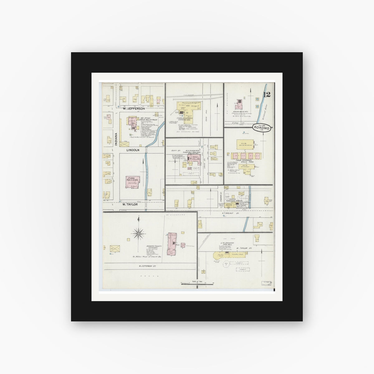 Old map wall art mockup — black gallery frame with white mat — Sanborn Fire Insurance Map from Kokomo, Howard County, Indiana (1889), Sheet #0012
