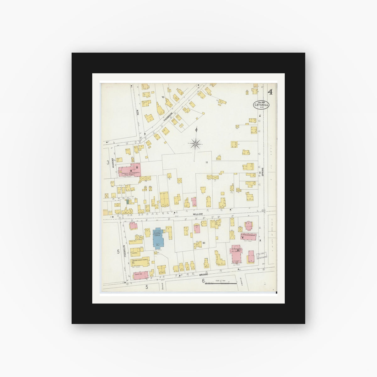 Old map wall art mockup — black gallery frame with white mat — Sanborn Fire Insurance Map from Catskill, Greene County, New York (1903), Sheet #0004