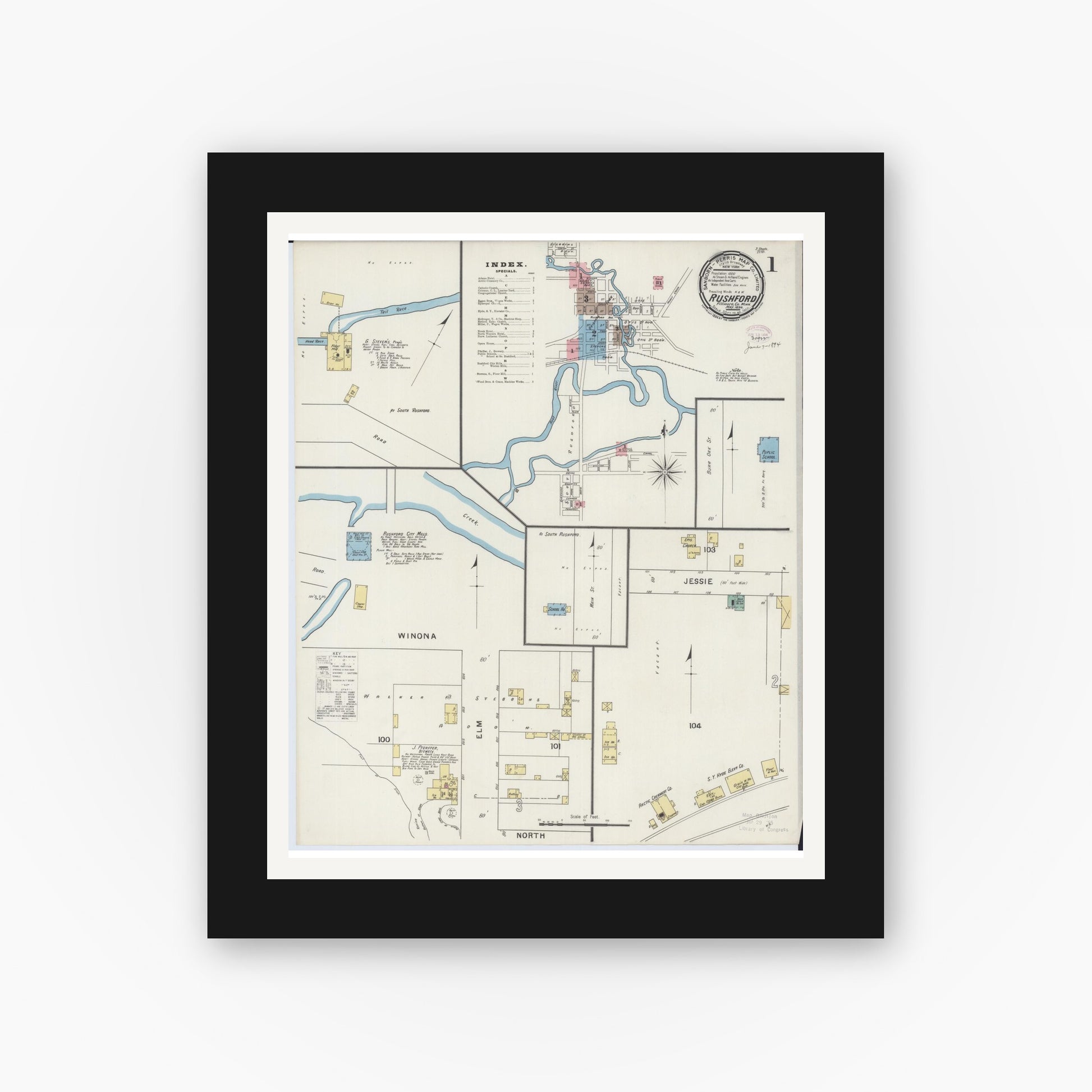 Old map wall art mockup — black gallery frame with white mat — Sanborn Fire Insurance Map from Rushford, Fillmore County, Minnesota (1894) - Complete Map Set