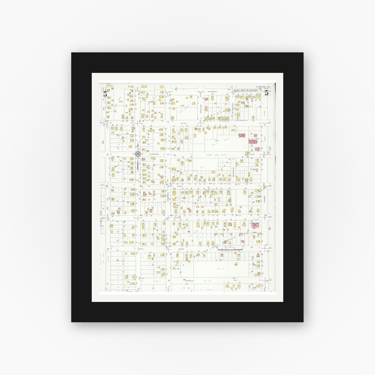 Old map wall art mockup — black gallery frame with white mat — Sanborn Fire Insurance Map from Kewaunee, Kewaunee County, Wisconsin (1933), Sheet #0005