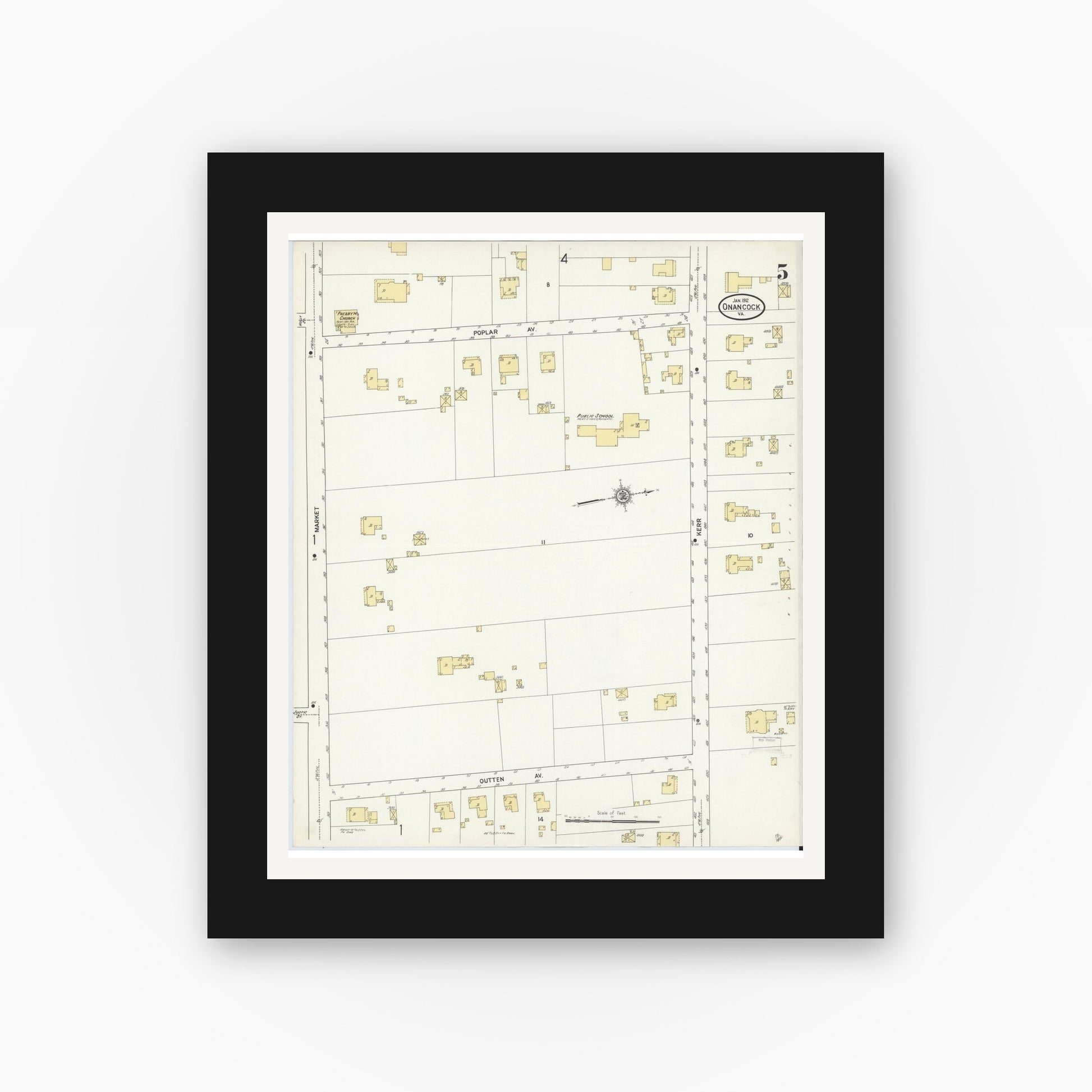Old map wall art mockup — black gallery frame with white mat — Sanborn Fire Insurance Map from Onancock, Accomack County, Virginia (1912), Sheet #0005