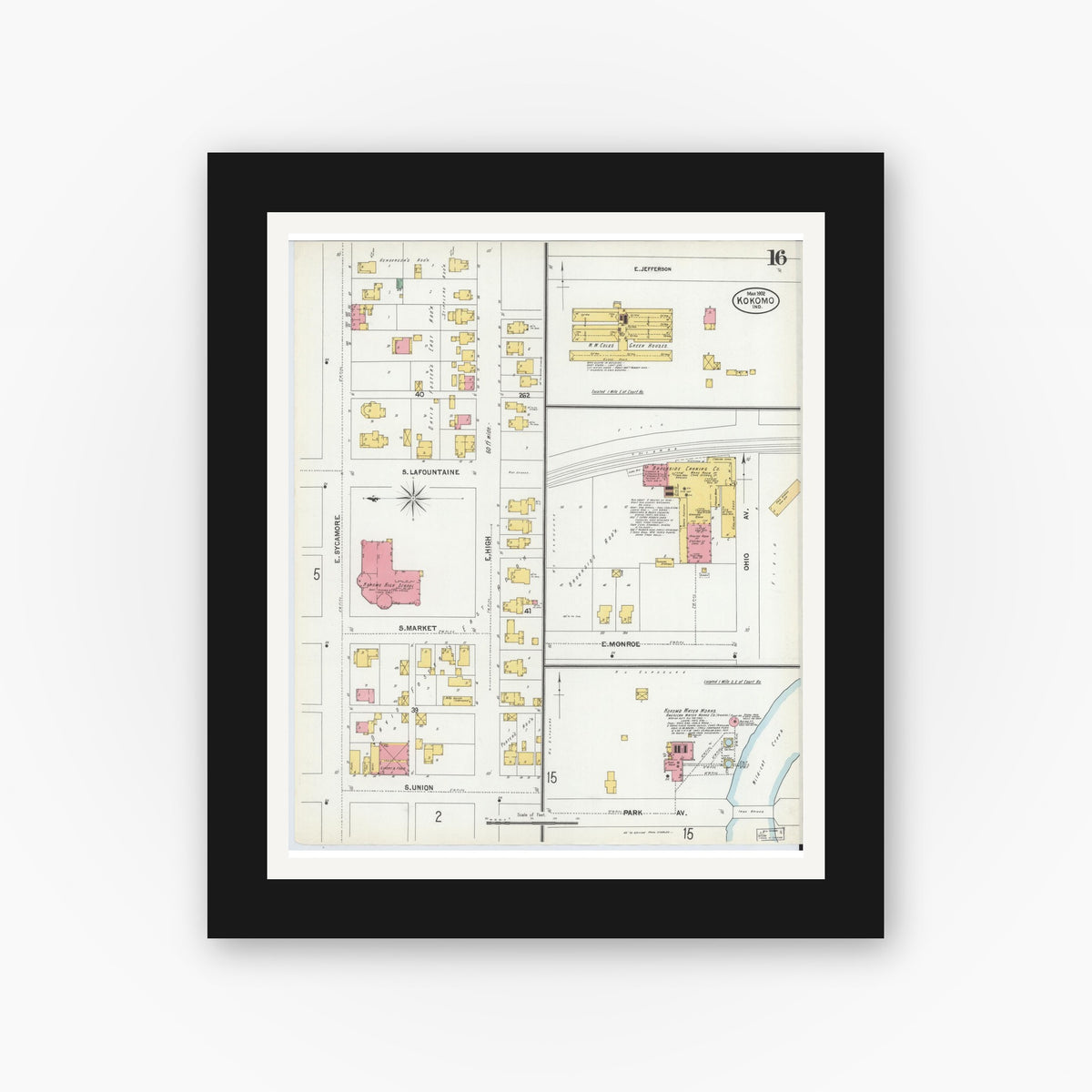 Old map wall art mockup — black gallery frame with white mat — Sanborn Fire Insurance Map from Kokomo, Howard County, Indiana (1902), Sheet #0016