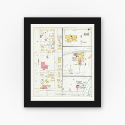 Old map wall art mockup — black gallery frame with white mat — Sanborn Fire Insurance Map from Kokomo, Howard County, Indiana (1902), Sheet #0016